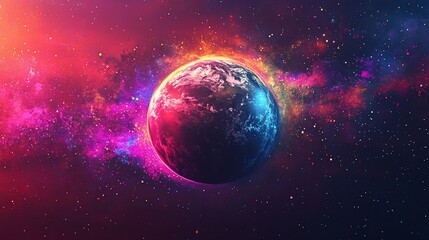 Obraz premium Vibrant nebula surrounds Earth in cosmic scene.