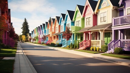 Fototapeta premium Colorful row of charming houses on a sunny day in a vibrant neighborhood. Generative AI
