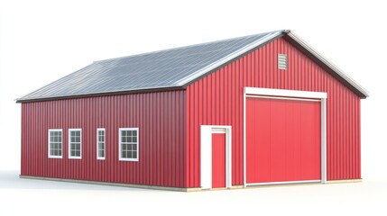Red metal barn with solar panels and large sliding door. Ideal for storage, workshops or agricultural use. Customizable design.