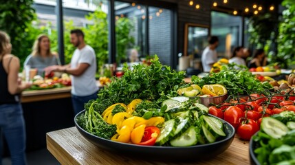 Fresh vegetables and vibrant atmosphere at a bustling market gathering during a sunny day