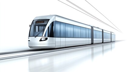 Fototapeta premium A sleek modern light rail train speeds along a track against a white background. Ideal for transportation, technology, and futuristic designs.