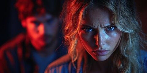 A Portrait of a Woman with Intense and Focused Expression in Dramatic Lighting Contrasting with a Blurred Background Figure Suggesting Underlying Tensions