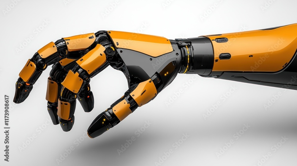 Poster a sleek robotic arm in black and orange extends its hand in a delicate pinching gesture. ideal for f