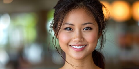 Obraz premium Portrait of a Smiling Individual with Soft Lighting and Blurred Background Capturing Joy and Warmth in a Natural Indoor Setting