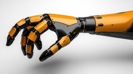 A sleek robotic arm in black and orange extends its hand in a delicate pinching gesture. Ideal for futuristic interfaces and industrial automation.