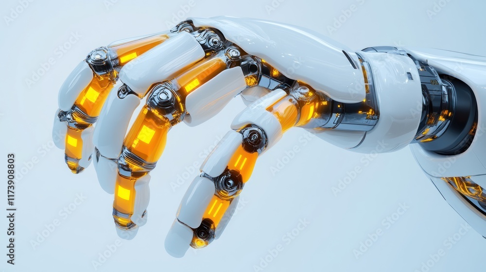 Aufkleber a sleek white robotic hand with glowing orange joints extends its fingers for interaction. ideal for