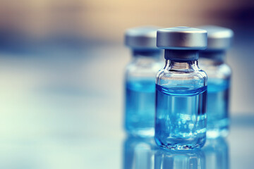 Bottles with vaccine on blurred background. Pharmaceutical industry. Vaccination against viruses. Healthcare concept. Generated AI