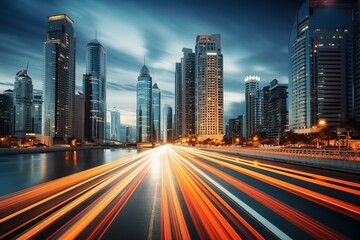 Fototapeta premium City skyline illuminated by vibrant light trails at dusk near the river. Generative AI