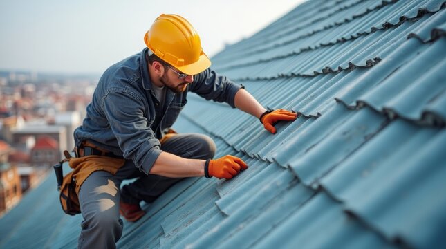 Construction workers install new roofs, roofing tools and fall protection devices. Apply to new roof, Roof repair, Specialist in Roof Forming, is the Replacement of roof plates