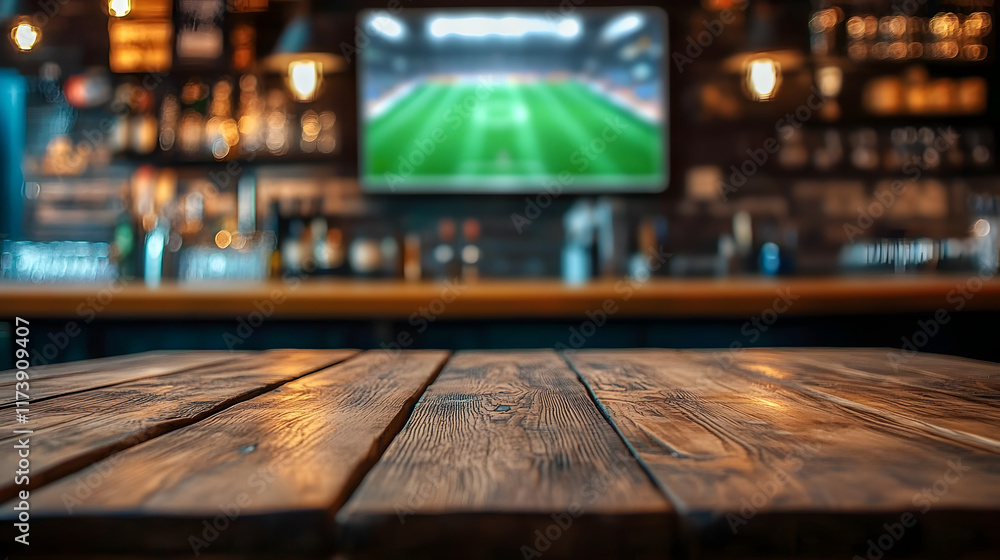 Poster an empty wooden table in the foreground, with a pub and a tv displaying a soccer stadium blurred in 