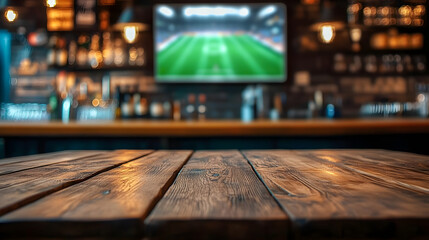 An empty wooden table in the foreground, with a pub and a TV displaying a soccer stadium blurred in the background.