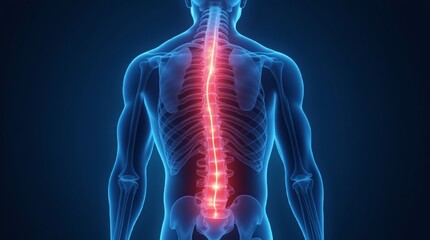 Illustration X-ray of Lower Back Pain with Highlighted Spine and Neural Connections blue theme red spot