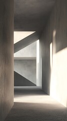 Obraz premium A minimalist interior space with geometric shapes and soft light creating a serene atmosphere.