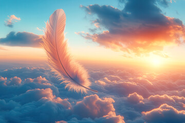 White feather flying on sunset sky background. Abstract bird feather falling in the air. Symbol of peace or freedom concept. Generated AI