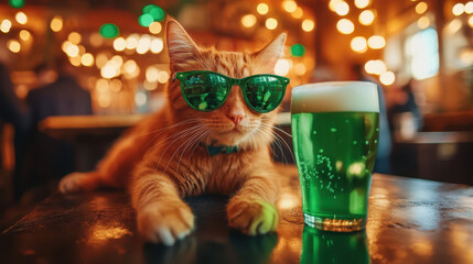 Cool ginger cat in sunglasses posing near glass of green beer in pub. St. Patrick Day