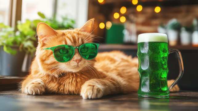 Ginger cat sitting near mug of green beer on wooden table in bar. St. Patrick Day