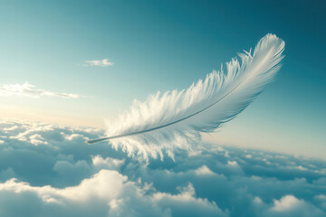 White feather flying on blue sky background. Abstract bird feather falling in the air. Symbol of peace or freedom concept. Generated AI
