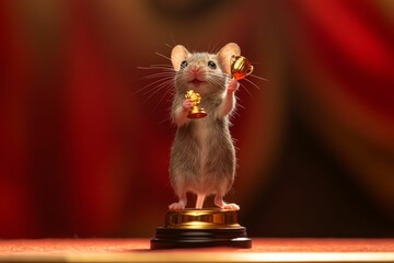 Small rodent proudly holds two tiny golden trophies.