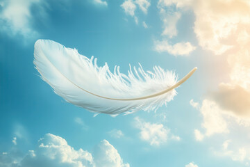 White feather flying on blue sky background. Abstract bird feather falling in the air. Symbol of peace or freedom concept. Generated AI