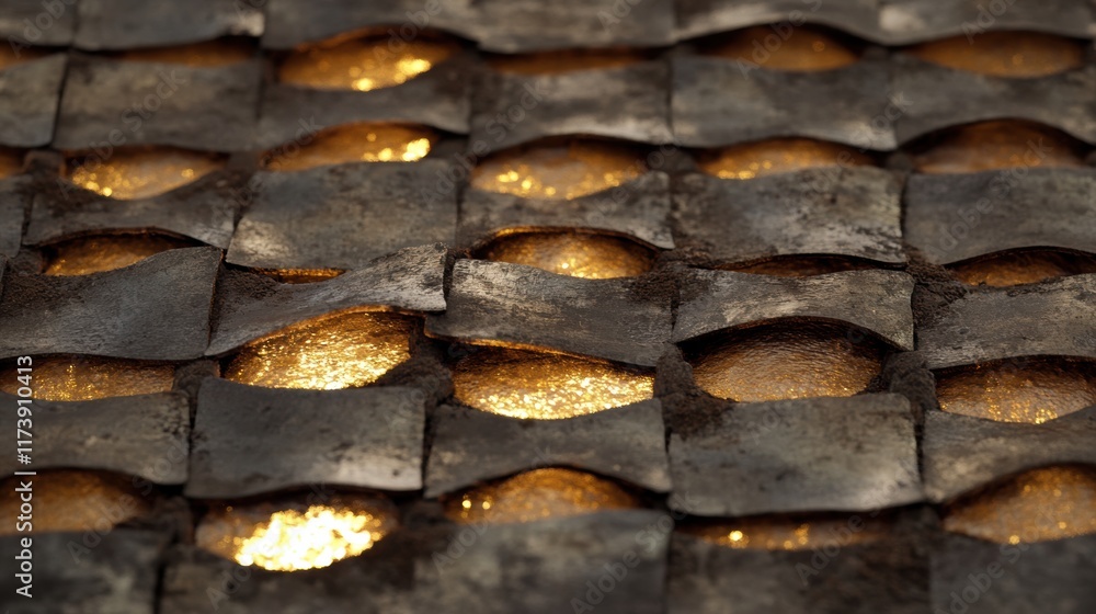 Poster close-up of textured metallic surface with golden light shining through abstract gaps. artistic and 
