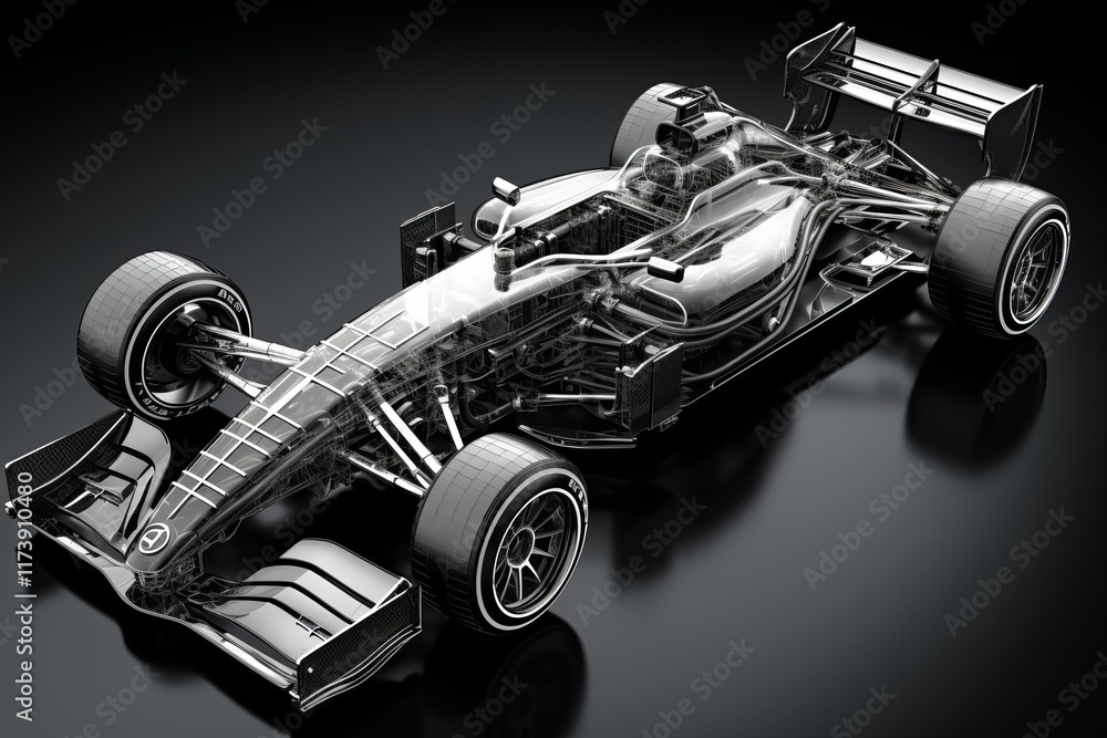 Poster model of a futuristic race car highlighting advanced engineering and design elements. generative ai