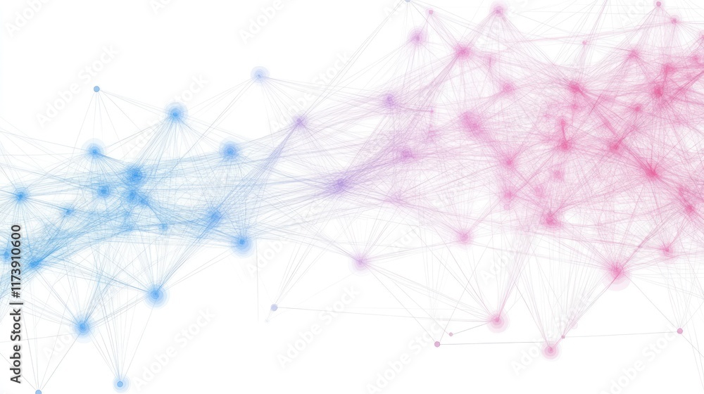Poster blue and pink connected lines and dots on a white background represent a network or neural structure