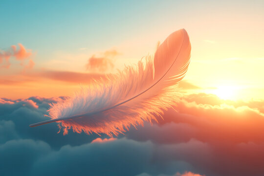 Fototapeta White feather flying on sunset sky background. Abstract bird feather falling in the air. Symbol of peace or freedom concept. Generated AI