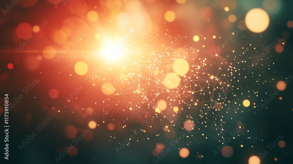 Poster abstract orange bokeh background with connecting lines and dots. ideal for tech presentations, websi