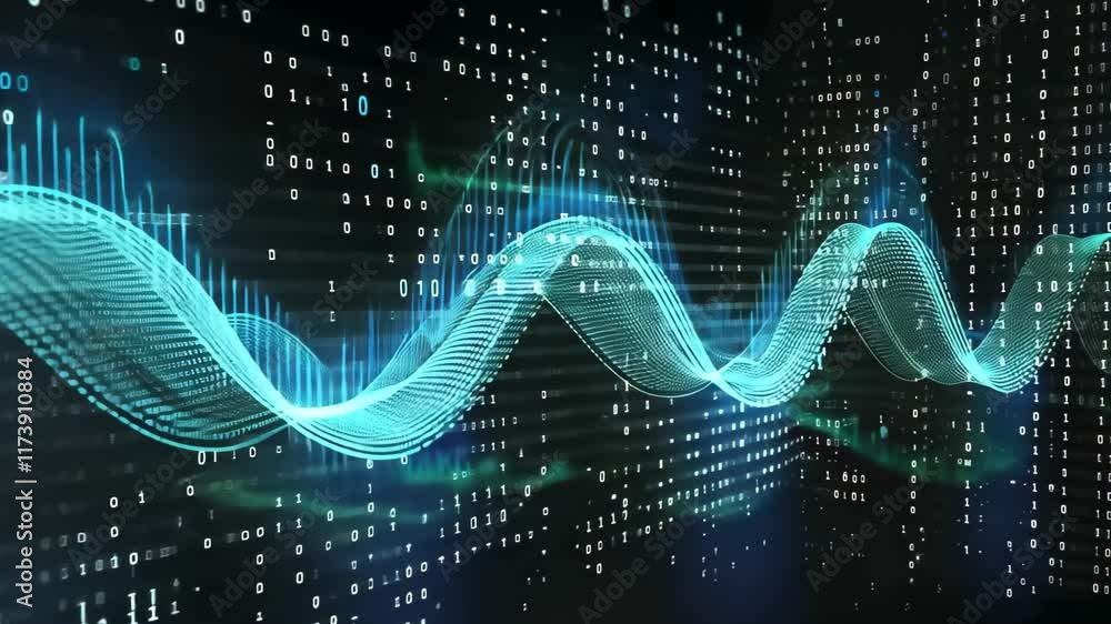 Poster explore the dynamic interplay of modern technology with stunning blue and green wave patterns agains