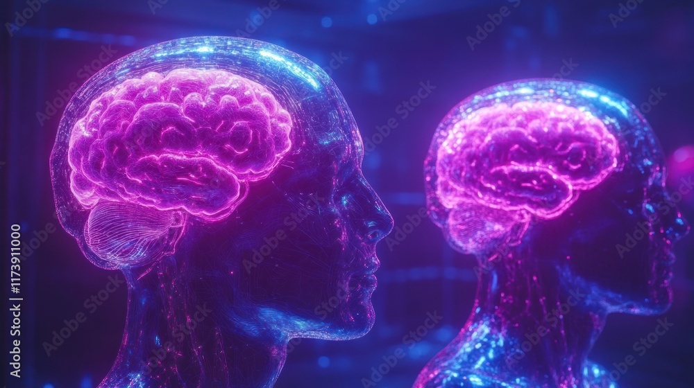 Poster two glowing holographic heads with visible brains. ideal for visualizing concepts related to ai, neu