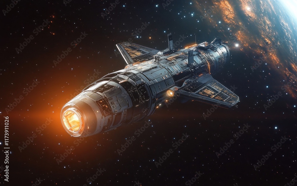 Poster futuristic spacecraft in cosmic exploration of deep space with dramatic lighting and hyper-realistic