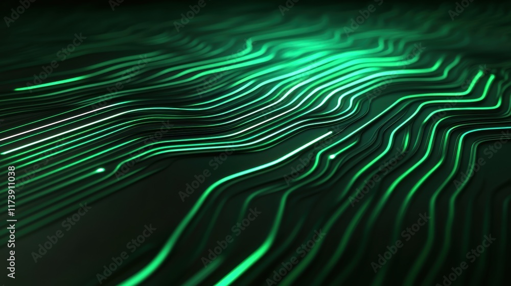 Poster abstract green glowing wavy lines on a dark background. digital 3d render with futuristic design ele