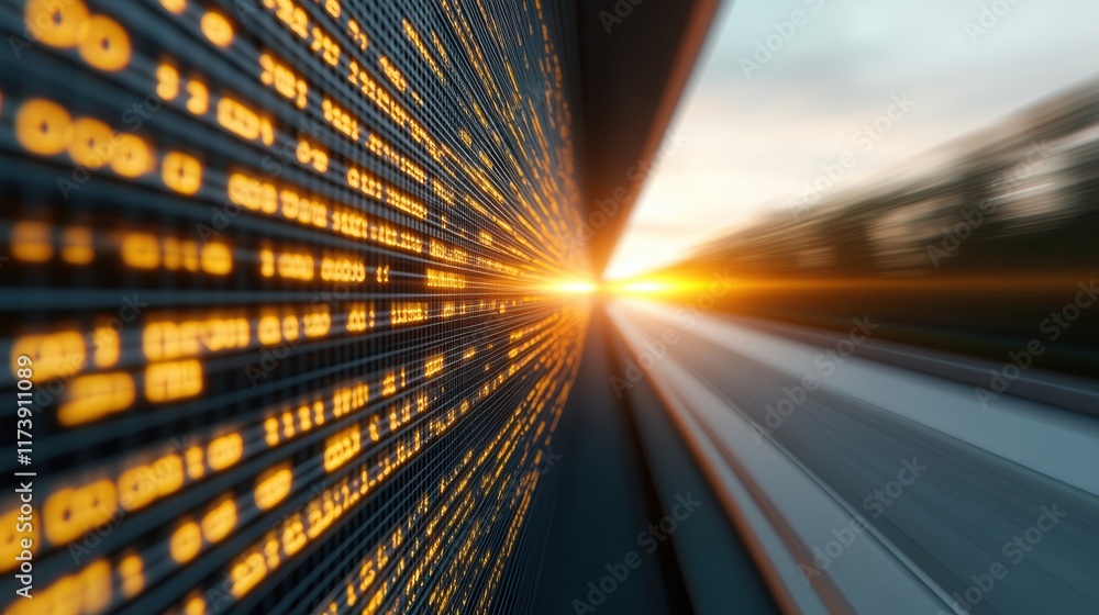 Aufkleber blurred motion view of glowing data on a digital screen with sunlight in the background