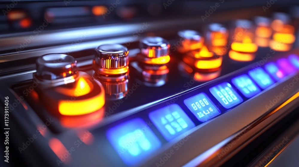 Aufkleber close-up of illuminated knobs and digital display on a futuristic or high-tech audio device. ideal f