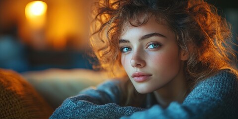 A contemplative young person with curly hair and expressive eyes in a cozy and warmly lit environment, capturing a moment of reflective calmness