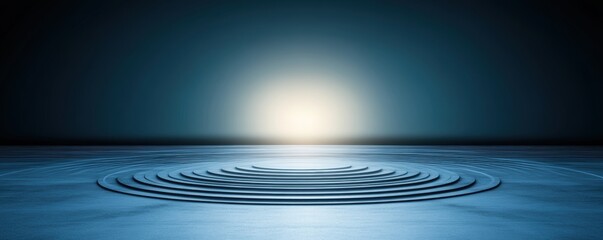 Abstract concentric circles in a futuristic blue landscape with a glowing light on the horizon.