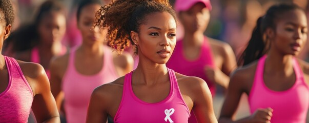 Group of women running in pink outfits during an outdoor event. Breast cancer awareness concept.