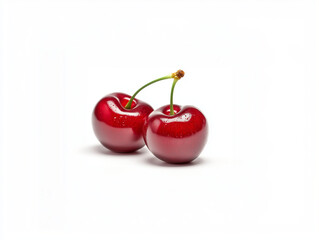 A whole bright red cherry, with its stem intact, placed in the center of a white background
