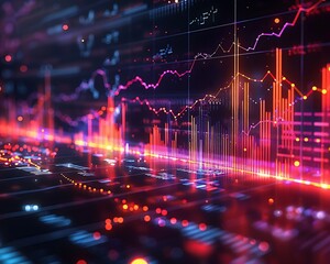 Wealth trend graph with bright hues and dynamic lines, illustrating financial growth, side view.