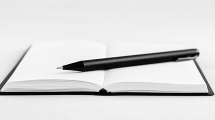 A minimalist black and white image of an open notebook with a black pen resting on top. Ideal for websites or blogs related to writing, journaling, or note-taking.