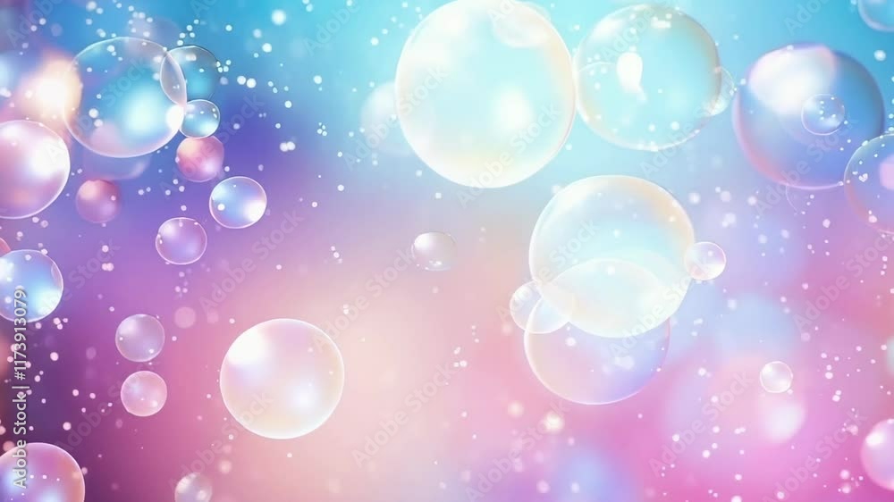 Poster Soap bubbles of various sizes are floating on a colorful pastel background with small particles, creating a dreamy and whimsical atmosphere