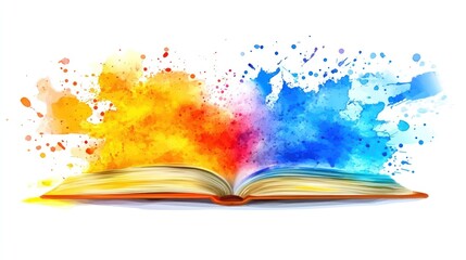 An open book with colorful watercolor splashes. Perfect for designs related to creativity, imagination, storytelling, and education.