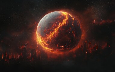 Fototapeta premium Fiery Planet with Molten Textures and Dramatic Lighting in Hyper-Realistic Space Art of Catastrophic Global Destruction
