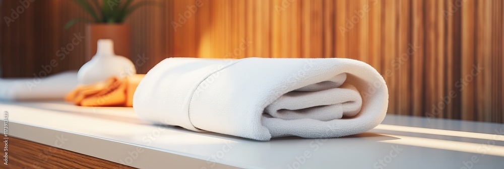 Poster soft white towels neatly arranged in a serene spa setting with warm lighting. generative ai