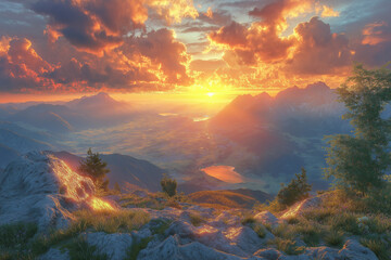 Fototapeta premium Photo réaliste d’un lever de soleil depuis un sommet montagneux, éclairant les cimes et projetant de longues ombres