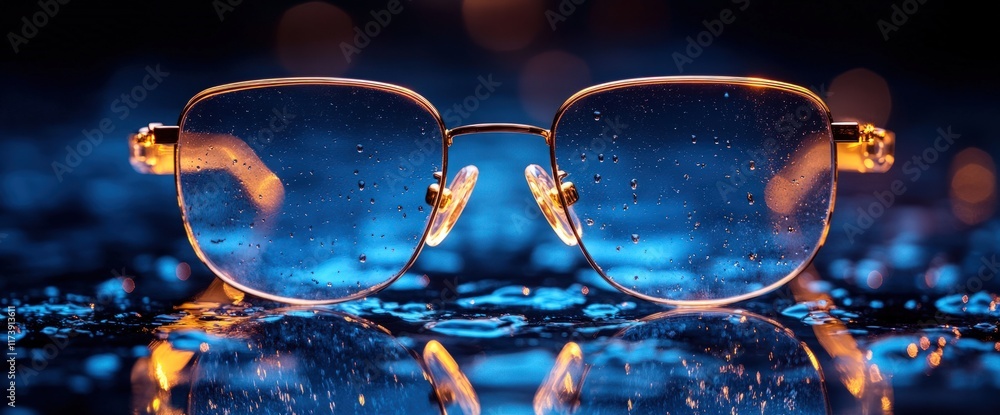 Poster wet eyeglasses on reflective surface with bokeh background.