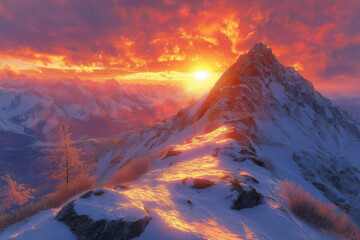 Photo r&eacute;aliste d&rsquo;un lever de soleil depuis un sommet montagneux, &eacute;clairant les cimes et projetant de longues ombres