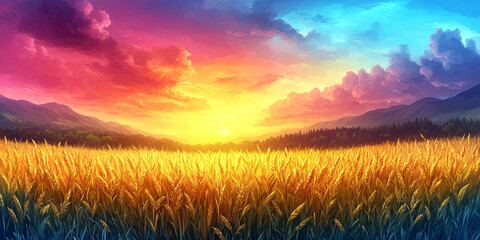 Naklejka premium Golden Wheat Field at Sunset Over Mountains