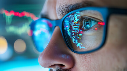 A person intently examines financial data visualizations reflected in their glasses