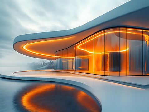 Futuristic virtual showroom with modern glass architecture and glowing panels exudes luxury and innovation, ideal for real estate ads or interior designs highlighting modernity and cutting-edge style.